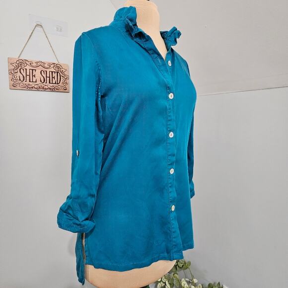 Soft Surroundings Teal Ruffle Collar Button Front Tunic Top Button Back Detail S - Picture 4 of 11